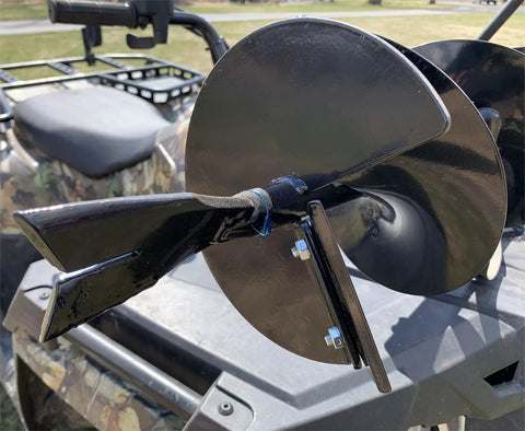 Close-up of an 8-inch auger bit on the Forty Three CC Gas Earth Auger Powerhead with Low Vibration Handles for Post Holes.