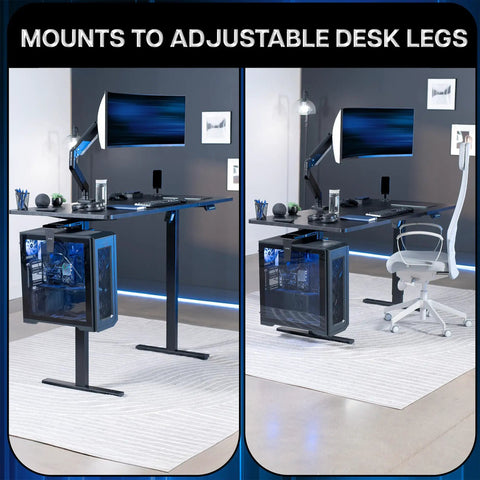 Hella Sturdy Clamp On Desk Leg Mount For Large PC Towers Under Desk CPU Storage Rack Easy Tool Free Setup keeps your rig elevated beside desk.