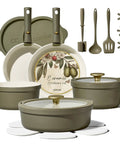 21 Piece Ceramic Cookware Set With Detachable Handles Nonstick Pots And Pans Induction Ready Olive Green