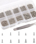 Heavy Hitter 1200 Pcs Mini Screw Assortment Kit Includes M1 Through M1.7 Stainless Steel Self Tapping Micro Screws And Precision Tweezers in a divided tray.