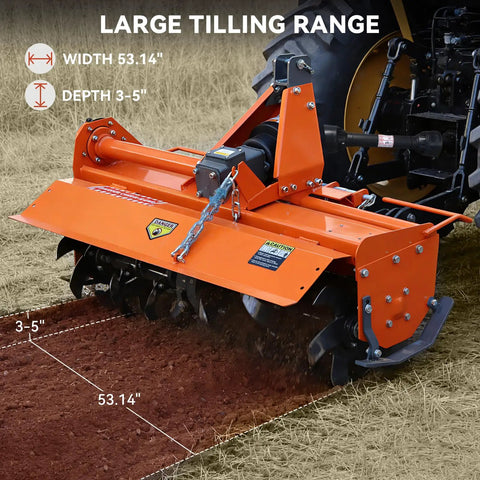 Three Point Rotary Tiller Attachment For 20 To 30HP Tractors 53 Inch Working Width 4.7 Inch Deep PTO Driven At 540 RPM