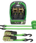 Green 6 Foot Padded Ratchet Straps 1 Inch Wide 2 Pack, 1500 Pound Break Strength, 500 Pound Safe Working Load, packaging view