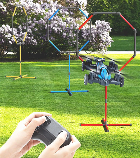 Drone Obstacle Course Kit For RC FPV Racing includes three hoop sizes and game loop gate set in a garden setting.