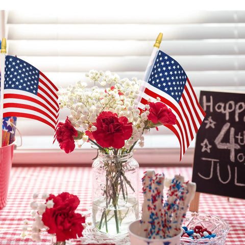 50 Pack 4x6 Inch American Flags On Sticks For Fourth Of July And Patriotic Events Tear Resistant Handheld USA Flags in vase display