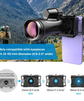 360 Degree Telescope Phone Adapter for Android and iPhone on a mountain with eyepiece compatibility chart from 23-50mm