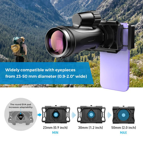 360 Degree Telescope Phone Adapter for Android and iPhone on a mountain with eyepiece compatibility chart from 23-50mm