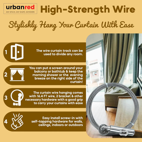 Adjustable Indoor Outdoor Wire Curtain Rod System With 16.4 Ft Reach And 24 Clips For Room Divider shown with installation guide.