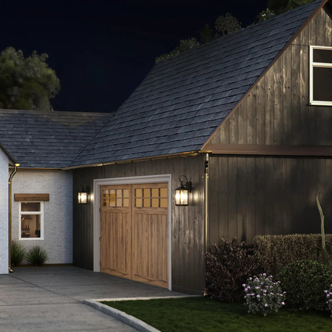 Two Light Outdoor Wall Lantern in Antique Bronze with Clear Beveled Glass, Rustic Traditional Style on garage exterior