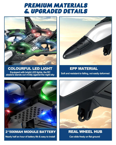 Kids RC Plane Drone For Boys And Girls with colourful LED lights, EPP material, 500mAh batteries, and real wheel hub in green