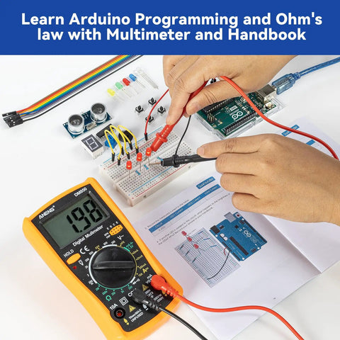 Beginner Friendly Arduino Uno R3 Lab Starter Kit With Multimeter, 34 Projects, 40 Plus Video Courses, Breadboard And Battery in use