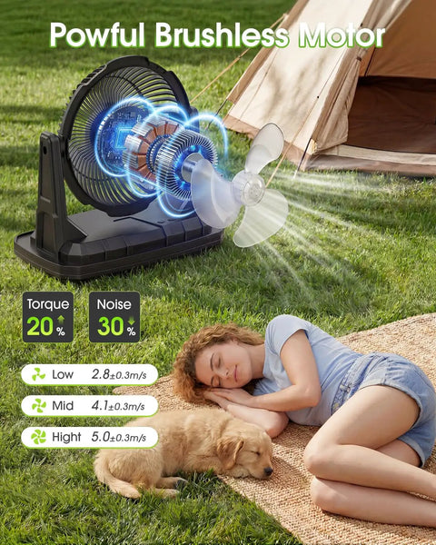 10 Inch Oscillating Misting Fan with 9 Liter Tank and Light, Portable Battery Operated Evaporative Cooler beside a girl and puppy on grass.