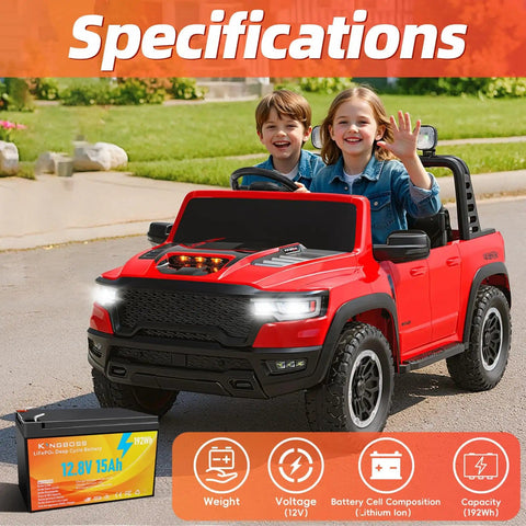 Children driving red toy car with 12V 15Ah LiFePO4 Battery With Built-In BMS, 4000+ deep cycles, waterproof, lightweight 3.5 lb displayed
