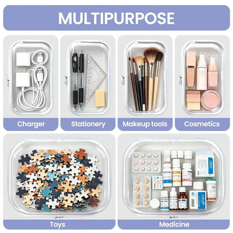 Total Game Changer Clear Hard Shell Travel Organizer Six Pack With Heavy Duty Zipper Seal For Toiletries Cosmetics Tech Cables And Daily Essentials in use for various items.
