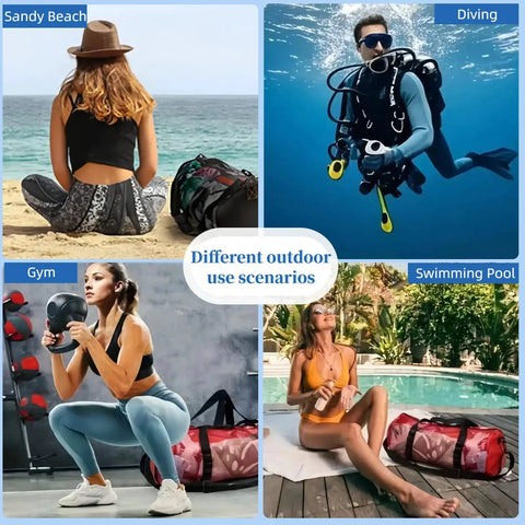 Different outdoor use scenarios of Roomy Mesh Dive Gear Duffle Bag With Zipper And Adjustable Shoulder Strap, 43L And 113L Capacity