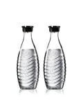 Glass Carafe Set For Sparkling Water Makers Pack Of 2 For Aqua Fizz Penguin Or Crystal Machines, dishwasher safe, with black caps.