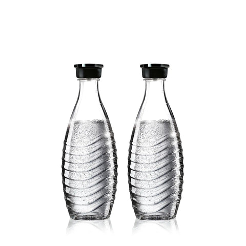 Glass Carafe Set For Sparkling Water Makers Pack Of 2 For Aqua Fizz Penguin Or Crystal Machines, dishwasher safe, with black caps.
