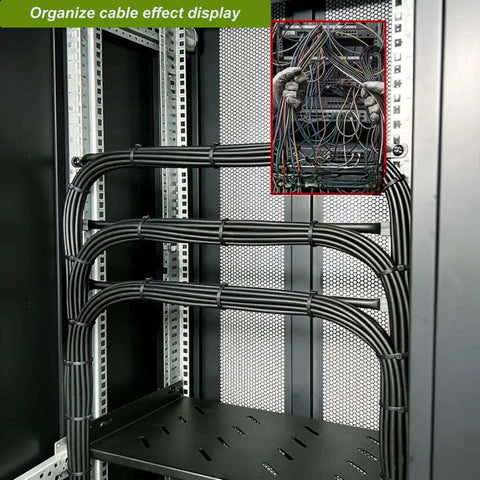 Solid 0.5U Cabinet Horizontal Lacing Cable Management Bar 2 Pack 18.98 Inch Cold Rolled Steel in a server rack organizing cables.