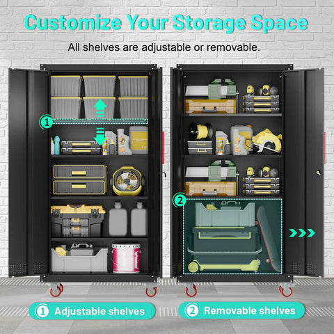 71 Inch Steel Garage Storage Cabinet On Wheels Lockable Metal Tool Cabinet With Four Adjustable Shelves Built Tough
