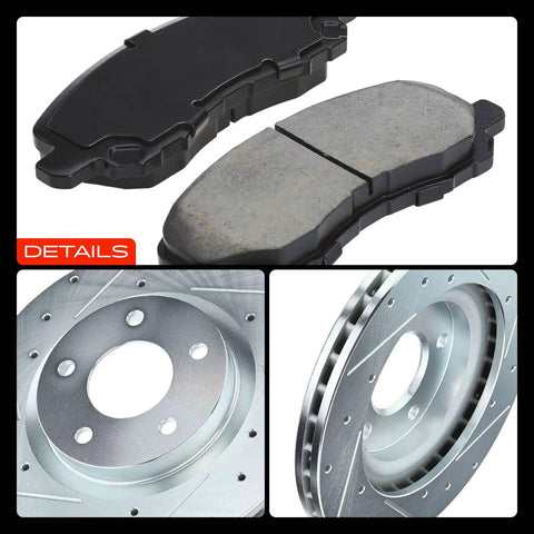 Top Shelf Front Brake Rotors And Ceramic Pads Kit 6 Pack 11.57 Inch with black ceramic pads and silver rotors for Jeep Compass and Patriot.