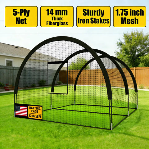Backyard Baseball Batting Cage Kit 22 Ft By 12 Ft By 8 Ft Frame with 5 Ply Net in yard setup
