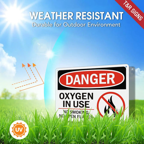 Rock Solid Oxygen In Use Safety Signs With No Smoking Warning 10X7 Inch Rust Free Aluminum Wall Placards 2 Pack outdoors in grass.
