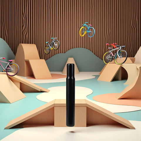 Sturdy Steel 25.4mm Bike Seat Post For Kids Bicycles Black Finish Fits 25.4mm Seat Tubes displayed in a playful park setting.