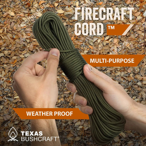 Firecraft Paracord Utility Rope With Three Extra Strands being held, outdoor setting, leaves in background