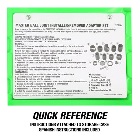 Instruction sheet for 14 Piece Ball Joint Installer And Remover Adapter Set with Spanish instructions and illustrations.