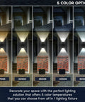 Lit Up And Down Outdoor LED Wall Lights with 5 CCT adjustable 2700K to 5000K showcased with color temperature options on a facade
