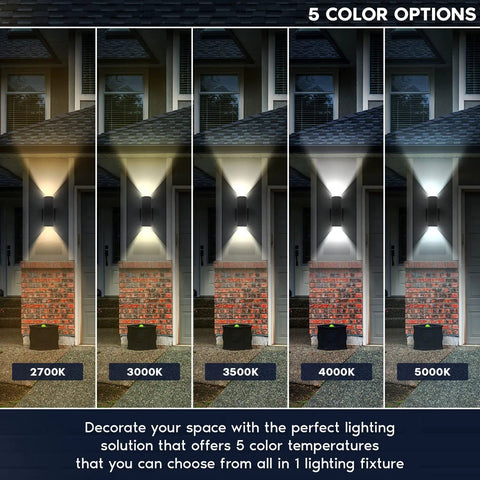 Lit Up And Down Outdoor LED Wall Lights with 5 CCT adjustable 2700K to 5000K showcased with color temperature options on a facade