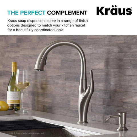 Multi Purpose Kitchen Soap And Lotion Dispenser In Spot Free Stainless Steel With Self Priming Pump next to modern faucet
