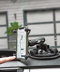Twist Lock Suction Cup Base With B Size One Inch Ball For Phone And GPS in car, displaying navigation map on smartphone.