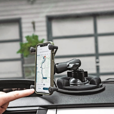 Twist Lock Suction Cup Base With B Size One Inch Ball For Phone And GPS in car, displaying navigation map on smartphone.