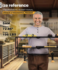 Man holding a large level tool in a workshop, standing in front of shelves, highlighting size reference for the tool.