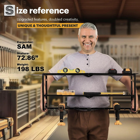 Man holding a large level tool in a workshop, standing in front of shelves, highlighting size reference for the tool.