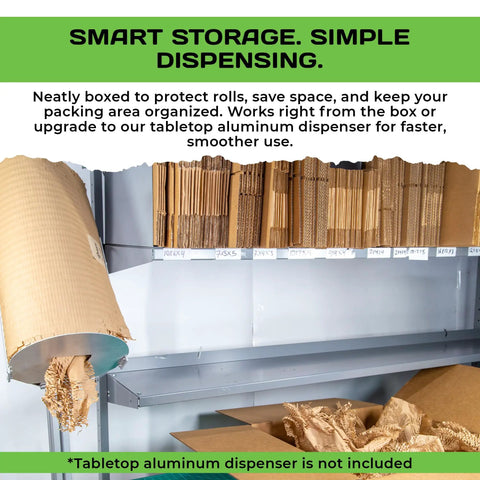 HexaFil Honeycomb Packing Paper For Moving And Shipping Eco Friendly Filler That Provides Cushioned Packing Material For Fragile Items In A Simple Self Dispenser Box Natural 16 Feet By 1800 Feet shown on storage shelf with rolls