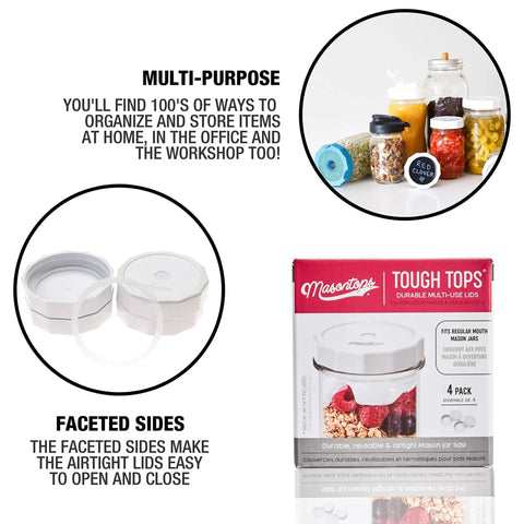 Tough Tops Regular Mouth Mason Jar Lids White BPA Free Plastic Screw Caps shown on jars and in packaging