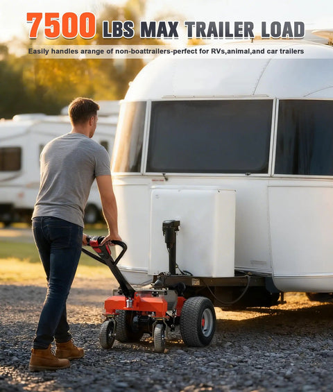 Heavy Duty Electric Trailer Dolly 800W Motor, 48V Lithium Battery Power, 7500 Lbs Cap, Moves Rvs Boats And Boat Trailers, 2 Inch Hitch Ball For Easy Tow Hauling And Cargo Utility Transport image, man using dolly to reposition RV.