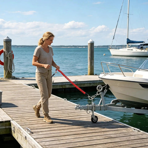Person using stainless steel RV breakaway cable with transparent jacket on boat trailer, dock setting, 4.0mm core, 1.5mm wire.