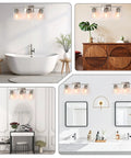 3 Light Vanity Light With 5 Piece All In One Bathroom Set in various room settings showing its brushed nickel and clear glass design