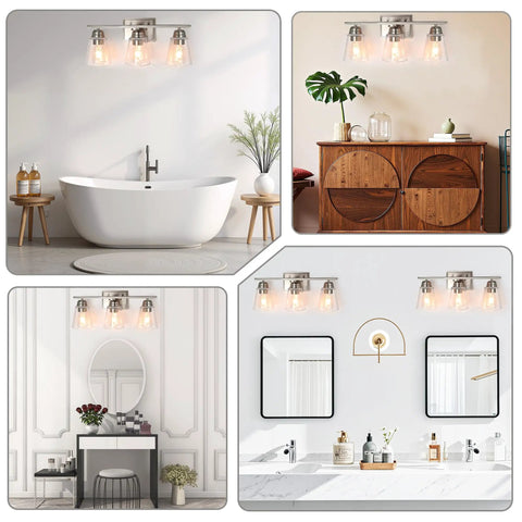 3 Light Vanity Light With 5 Piece All In One Bathroom Set in various room settings showing its brushed nickel and clear glass design
