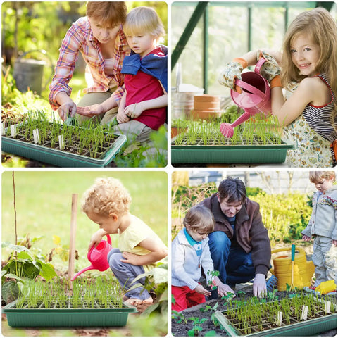 Children and adults planting seeds using 80 Cell Seed Starter Tray Kit With Grow Lights For Seedling Growth 2 Pack in garden