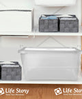 Heavy Duty Stackable Storage Bins Eighteen Pack White Plastic 55 Quart on shelf with grey bins, ideal for organizing seasonal decor and tools.