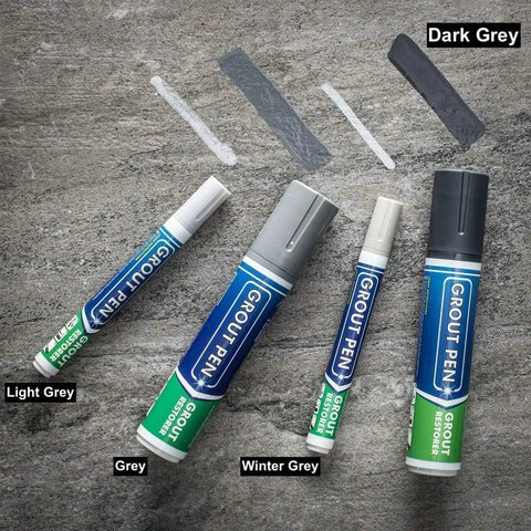 Dark Grey Grout Pen For Tile Grout Paint Marker Waterproof Colorant With Narrow 5mm Tip For Quick Touch Ups No Scrub Needed And Renewal In Bathrooms And Kitchens Durable Long Lasting Ink displayed with color swatches.