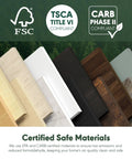 FSC certified materials and compliance labels on display with natural wood finishes for closet organizers.