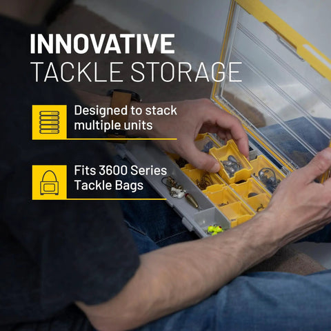 Angler using Edge 3600 Terminal Tackle Storage Box With Rust Resistant Dri Loc Waterproof Seal Gray And Yellow Organizer