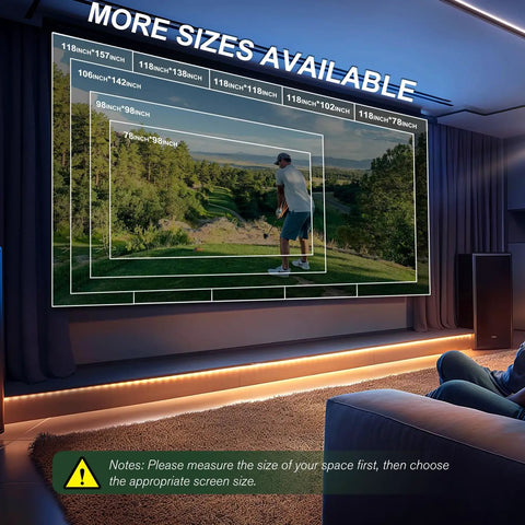 Golf Simulator Impact Screen For Indoor Outdoor Practice, showing multiple size options on wall, person playing golf on screen