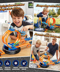 Rad Epic 360 Degree Loop Race Car Track Set With Fire Ring Stunt Includes Four One To Sixty Four Scale Cars with kids playing