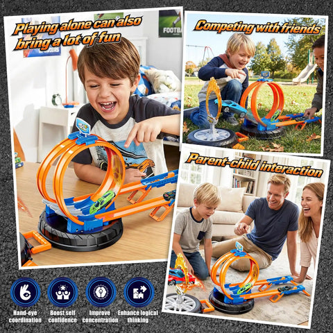 Rad Epic 360 Degree Loop Race Car Track Set With Fire Ring Stunt Includes Four One To Sixty Four Scale Cars with kids playing