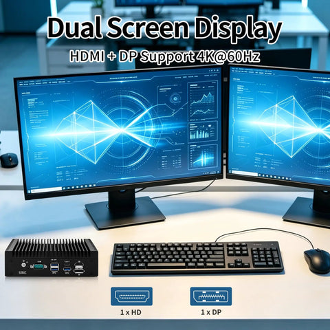 Silent Fanless Mini PC Powered By Core I3 8130U Processor With Six Rugged Network Ports, showing dual screens and keyboard layout.